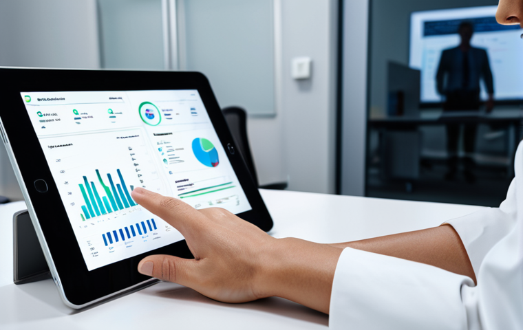 A professional individual in a modest business casual outfit, calmly interacting with a sleek tablet displaying complex genetic data and a personalized diet plan. The setting is a clean, modern wellness clinic or a bright, professional office with subtle digital health graphics in the background. High-resolution, professional photography, soft lighting, fully clothed, appropriate attire, safe for work, perfect anatomy, correct proportions, natural pose, well-formed hands, proper finger count, natural body proportions, professional, modest.