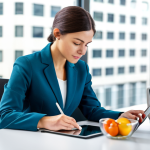 A professional woman in a modest business blazer and smart trousers, sitting at a sleek, minimalist desk in a bright, modern office. She is looking intently at a transparent tablet screen that displays a detailed, colorful personalized nutrition plan and a subtle, glowing DNA helix graphic. On the desk, there is a small bowl of fresh, vibrant fruit and a glass of water. The background features blurred, sophisticated office equipment and natural light from a large window. The atmosphere is innovative and empowering, safe for work, appropriate content, fully clothed, professional, perfect anatomy, correct proportions, natural pose, well-formed hands, proper finger count, natural body proportions, high-quality photography, sharp focus.