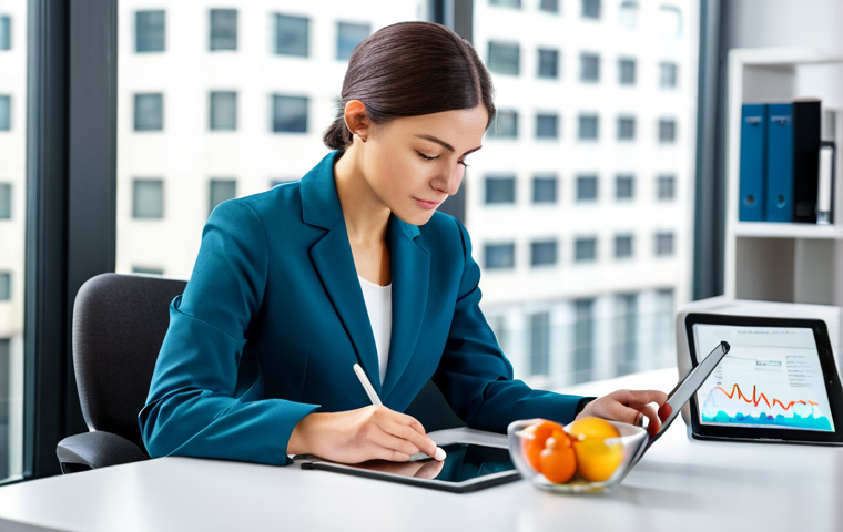 A professional woman in a modest business blazer and smart trousers, sitting at a sleek, minimalist desk in a bright, modern office. She is looking intently at a transparent tablet screen that displays a detailed, colorful personalized nutrition plan and a subtle, glowing DNA helix graphic. On the desk, there is a small bowl of fresh, vibrant fruit and a glass of water. The background features blurred, sophisticated office equipment and natural light from a large window. The atmosphere is innovative and empowering, safe for work, appropriate content, fully clothed, professional, perfect anatomy, correct proportions, natural pose, well-formed hands, proper finger count, natural body proportions, high-quality photography, sharp focus.