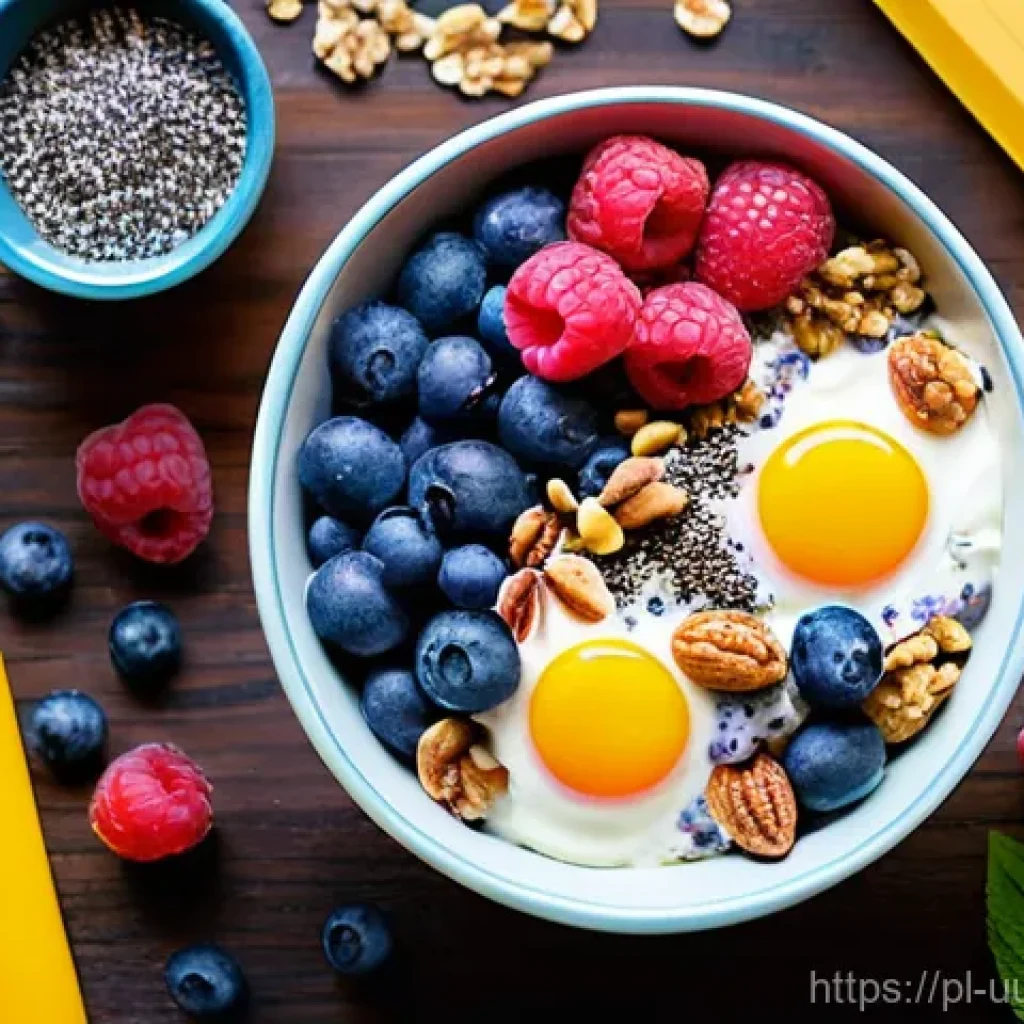 정신적 집중력을 높이는 맞춤형 식단 - A vibrant, close-up shot of a healthy and delicious breakfast bowl, brimming with "superfoods" known...
