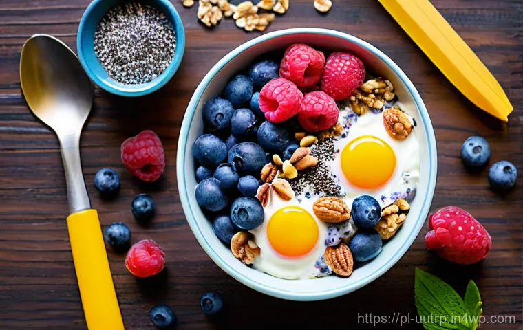 정신적 집중력을 높이는 맞춤형 식단 - A vibrant, close-up shot of a healthy and delicious breakfast bowl, brimming with "superfoods" known...