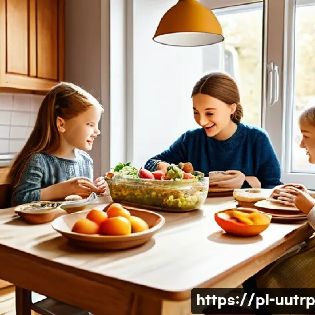 각 연령대별 맞춤형 영양 요구 분석 - A bright and engaging illustration of a Polish family kitchen scene where children and teenagers are...