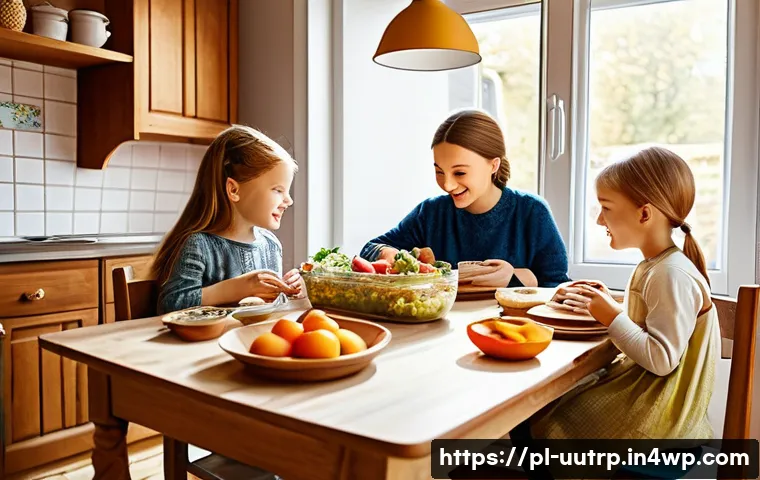 각 연령대별 맞춤형 영양 요구 분석 - A bright and engaging illustration of a Polish family kitchen scene where children and teenagers are...
