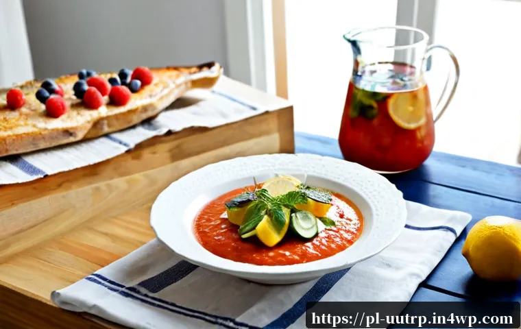 Home 30 여름철 맞춤형 영양 식단과 레시피 - Photorealistic Polish summer healthy meal preparation on a bright kitchen table: chilled gazpacho-st...